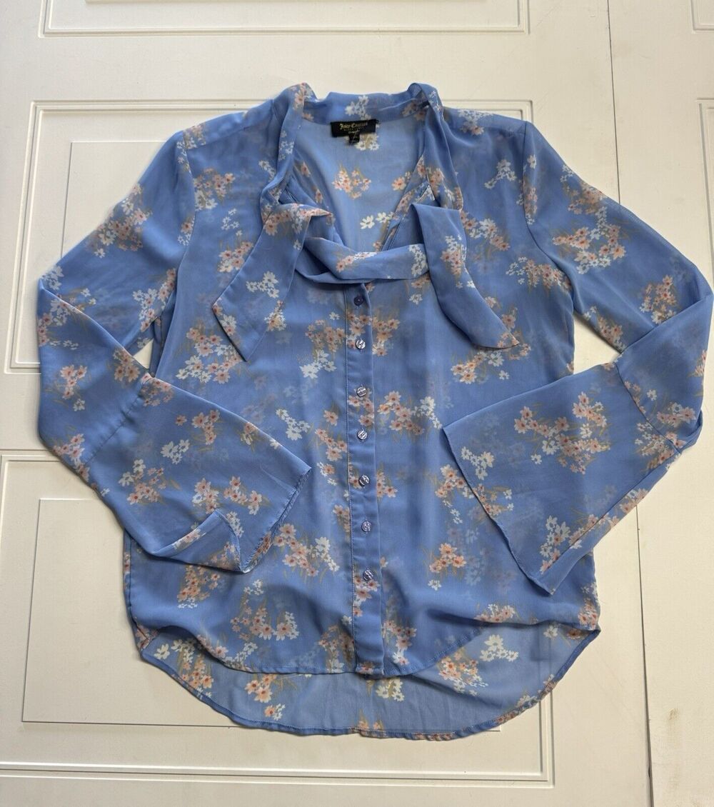 Juicy Couture Womens Sz XS Blue Bell Sleeve Button Up Shirt Top Floral Sheer